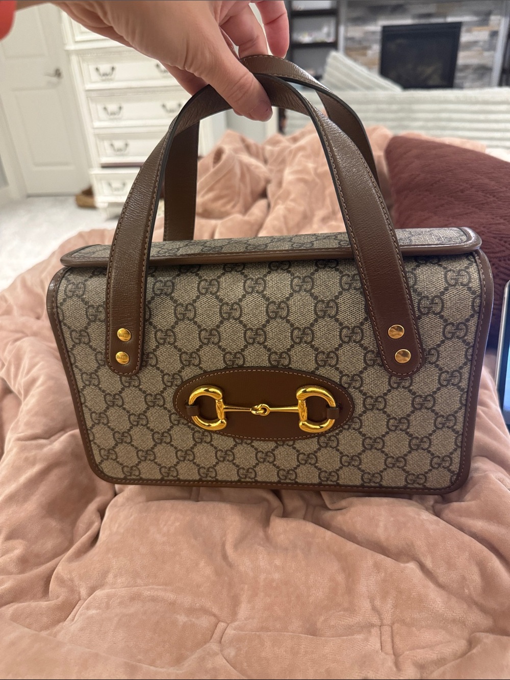 Gucci Brown GG Supreme Top-Handle Bag with Gold Horsebit